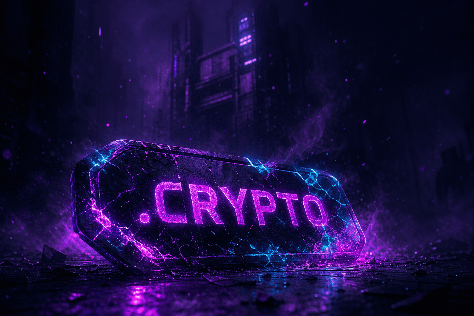 blockchain domain names - cyberpunk visualization of decentralized domain nodes fragmenting and retreating from a glowing internet grid