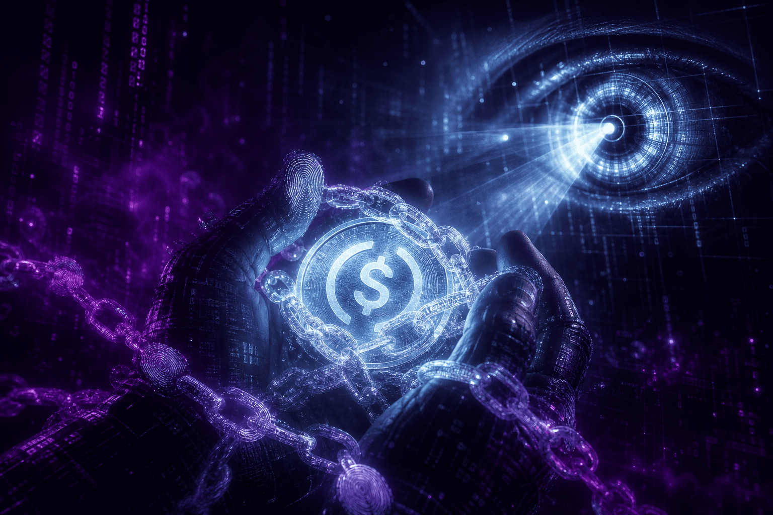 stablecoin KYC requirements - glowing USDT and USDC coins locked inside a regulatory compliance cube with a surveillance eye overlay in a dark cyberpunk setting